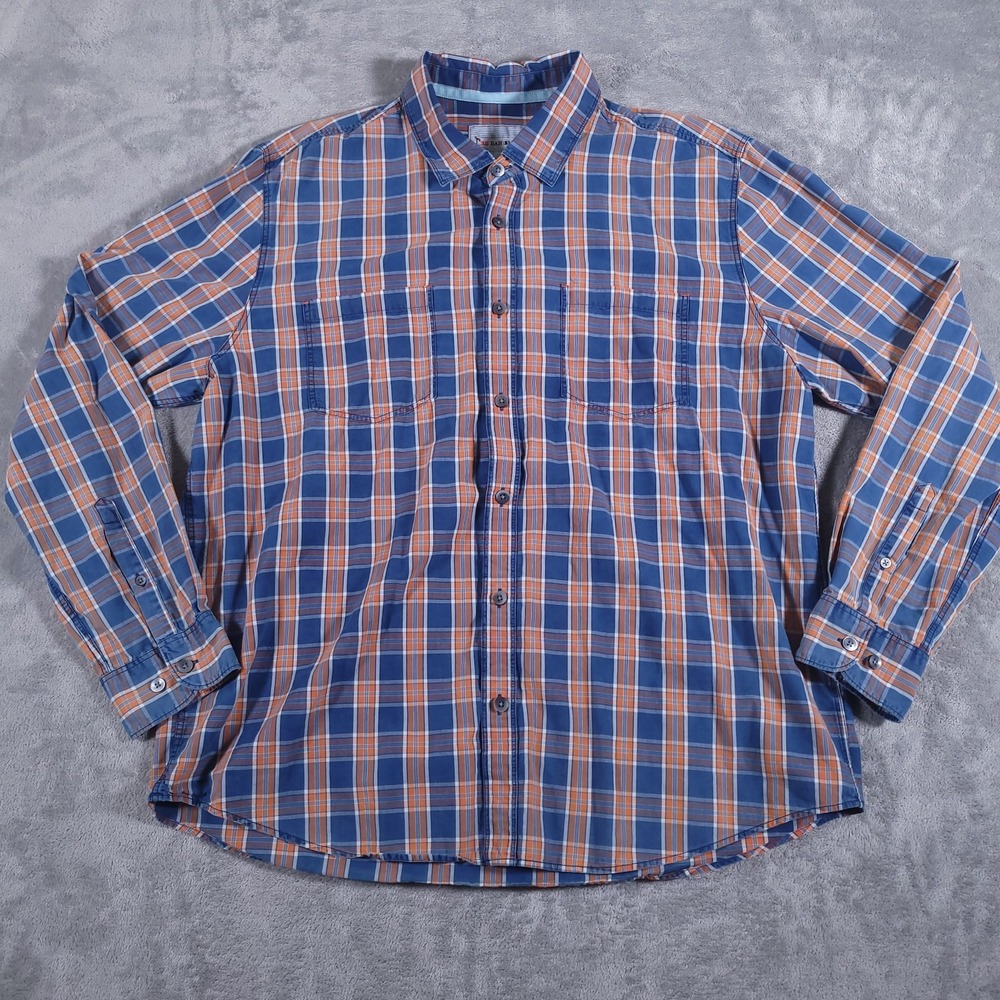 32 Bar Blues Shirt Mens XL Blue Orange Plaid Long Sleeve Cotton‎ Button Up